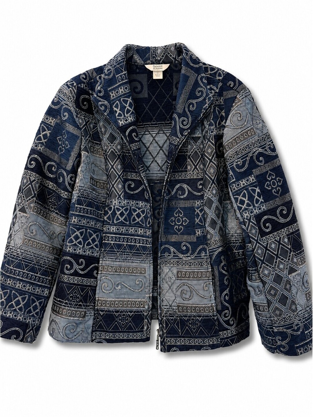 Christopher & Banks XL Tapestry Jacket Blue Geometric Patchwork Art to Wear